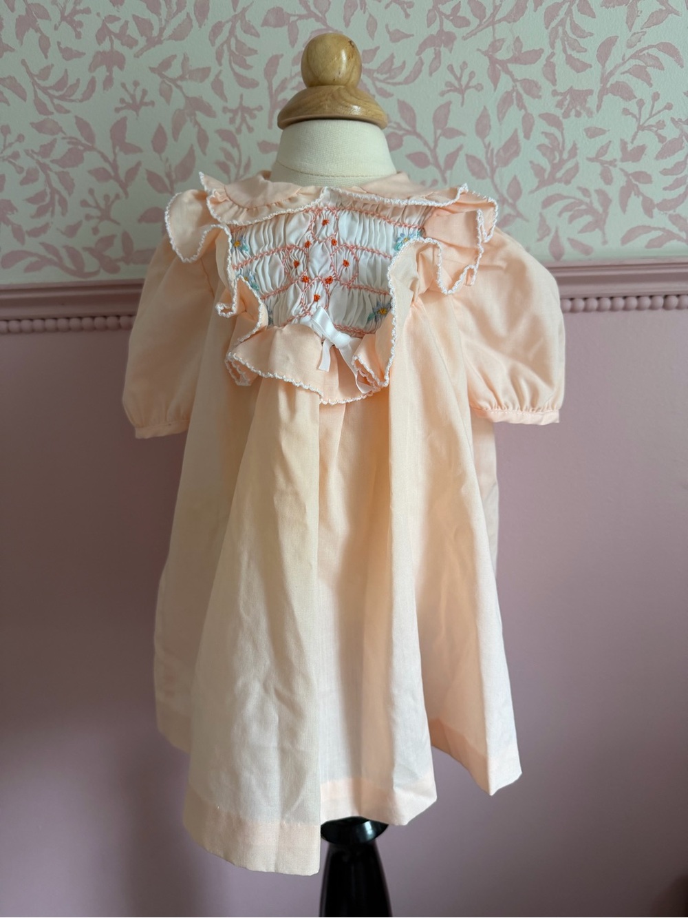 Rare Vintage Polly Flinder’s Smocked Peach Ruffle-Trim Girls Dress